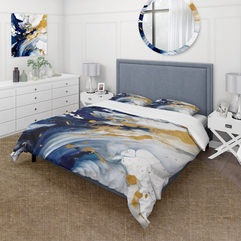 Ensemble d'édredon abstrait 4 pièces - Ensemble de literie et coussin décoratif bleu foncé et doré