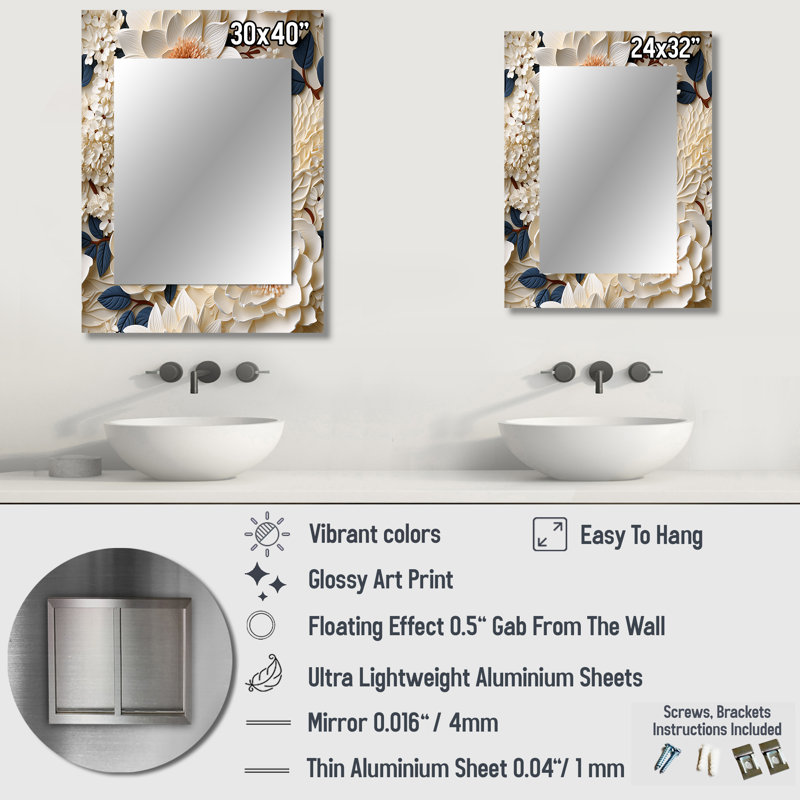 Burwan Cream Lace Botanics - Floral Mirror, Floral Unique Wall Mirror, Printed Metal Art, 32" x 24"