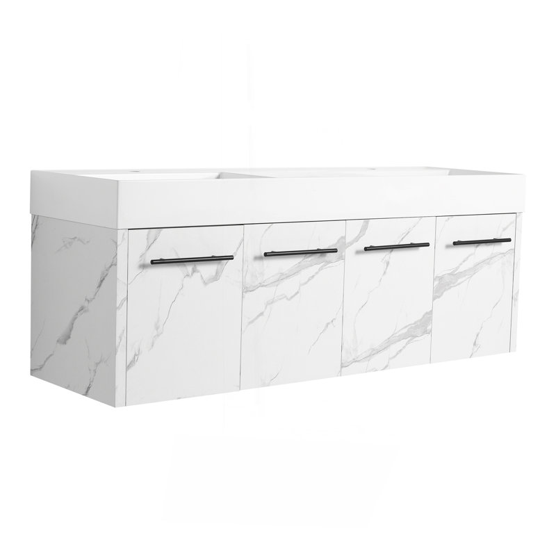 Meuble-lavabo mural de 60 po avec lavabo, lavabo double en résine à rebords épais, ensemble KD