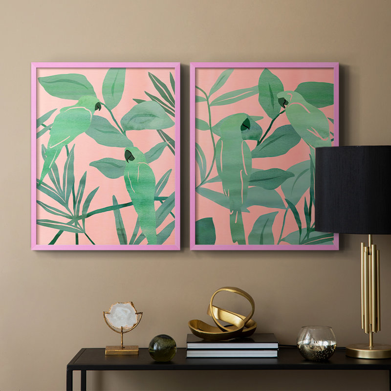 Oiseaux de paradis rose et vert, reproduction encadrée de qualité supérieure - prête à être accrochée - aucun clou requis - aucun clou requis
