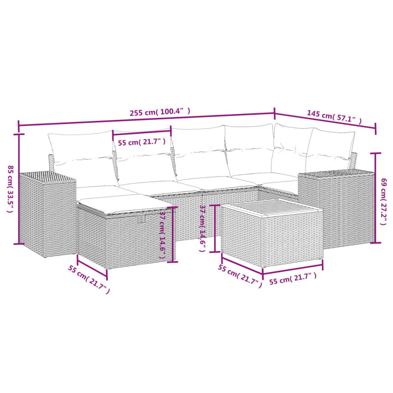 Ensemble de canapé de patio 7 pièces avec coussins en rotin de polyester, Gris, Marine