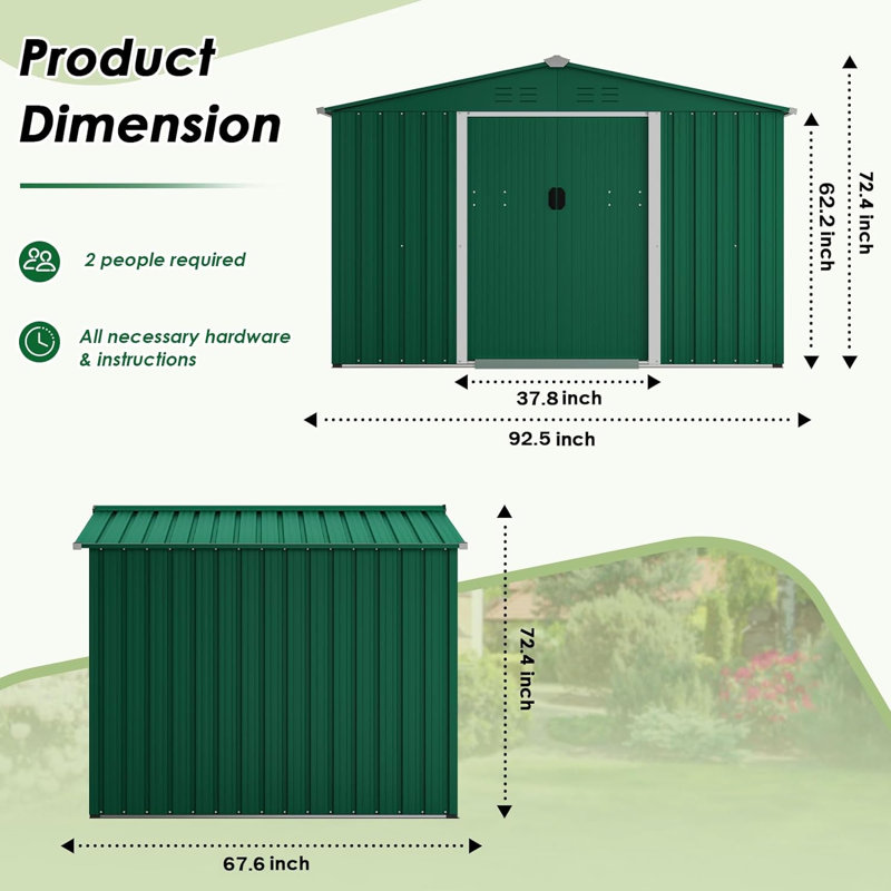 Green Galvanized Metal 8x6 Outdoor Storage Shed with Sliding Doors