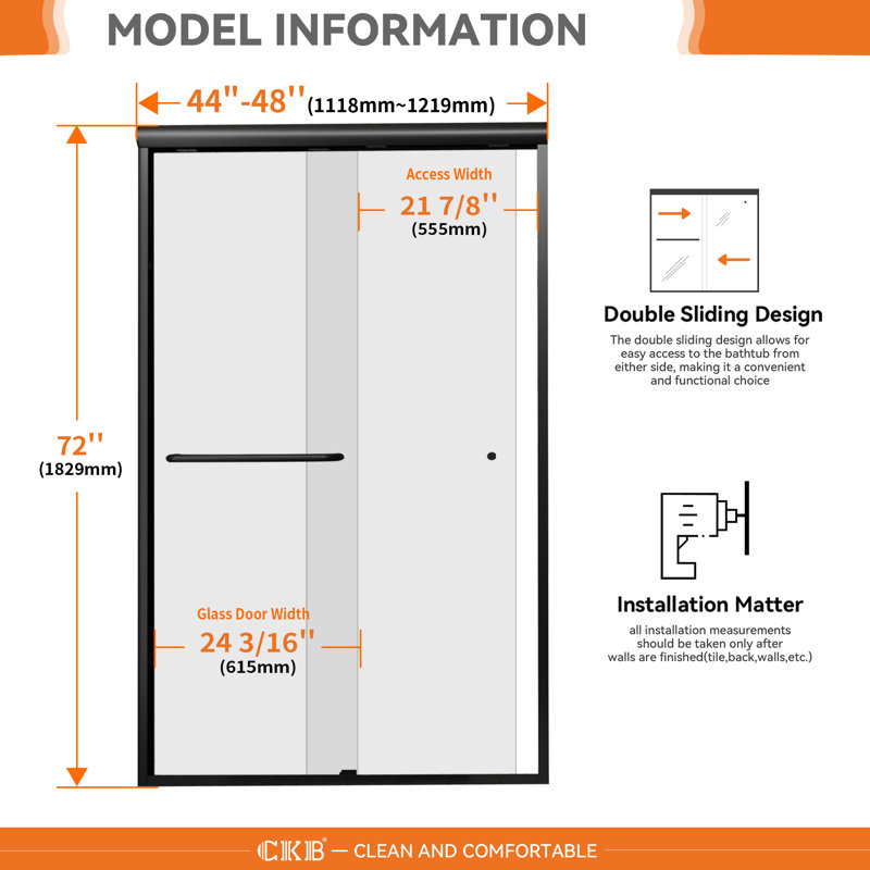 44" - 48" W x 72" H Adjustable Semi-Frameless Sliding Shower Door, Bypass Bath Enclosure with 1/4"(6mm) ANSI Tempered Safety Glass