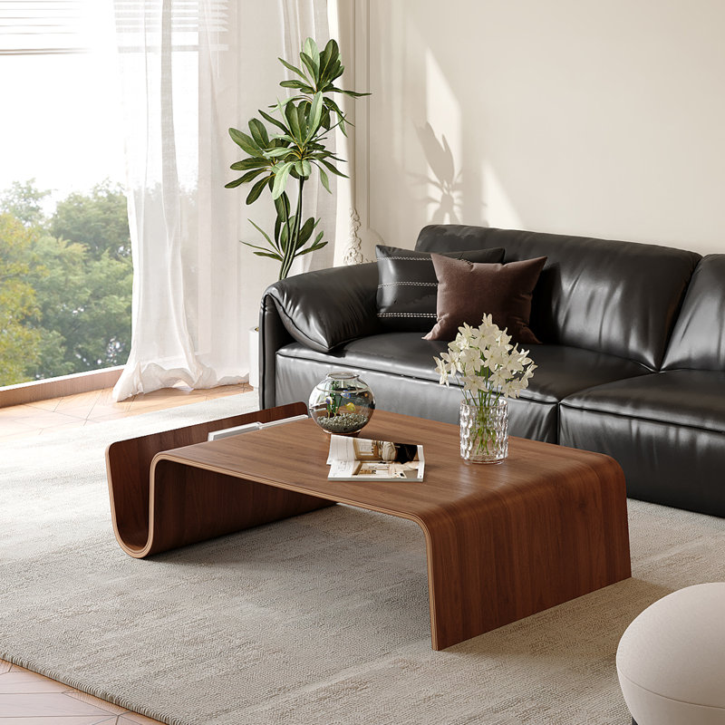 41.3" Modern Solid Wood Coffee Table, Bentwood N-Shaped Living Room Center Table, Minimalist Brown Square Design with Smooth Curved Edges, Sturdy Accent Table for Contemporary Home Décor
