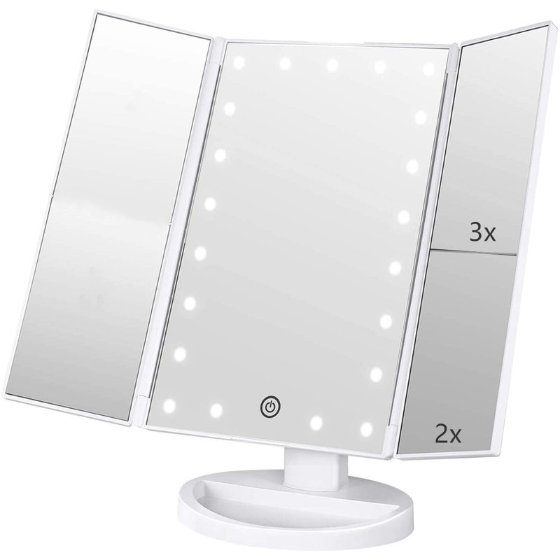 3 Folds Lighted Vanity Makeup Mirror,1X/2X/3X Magnification, 21 LED Light Bright Table Mirror With Touch Screen,180 Adjustable Rotation,White