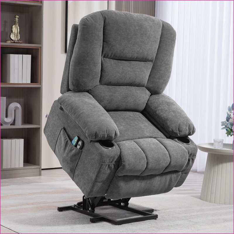 Recliners Power Lift Recliner with Massage, Heat, Remote, Side Pockets, Quick Assembly | Charcoal Gray | Chenille Fabric