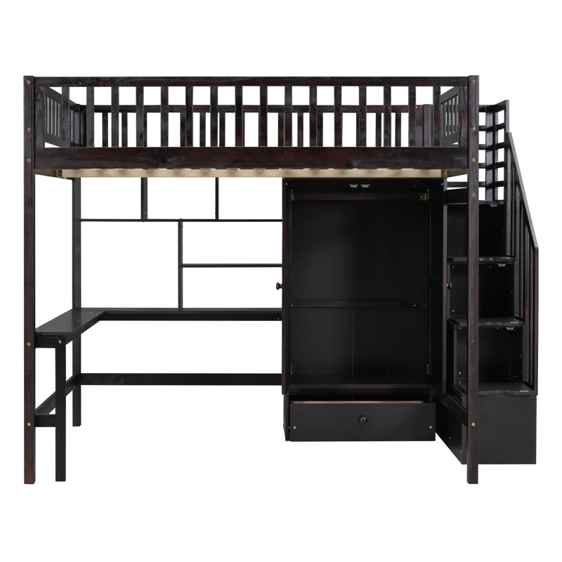 Full Size Loft Bed With Bookshelf,Drawers,Desk,And Wardrobe-Espresso