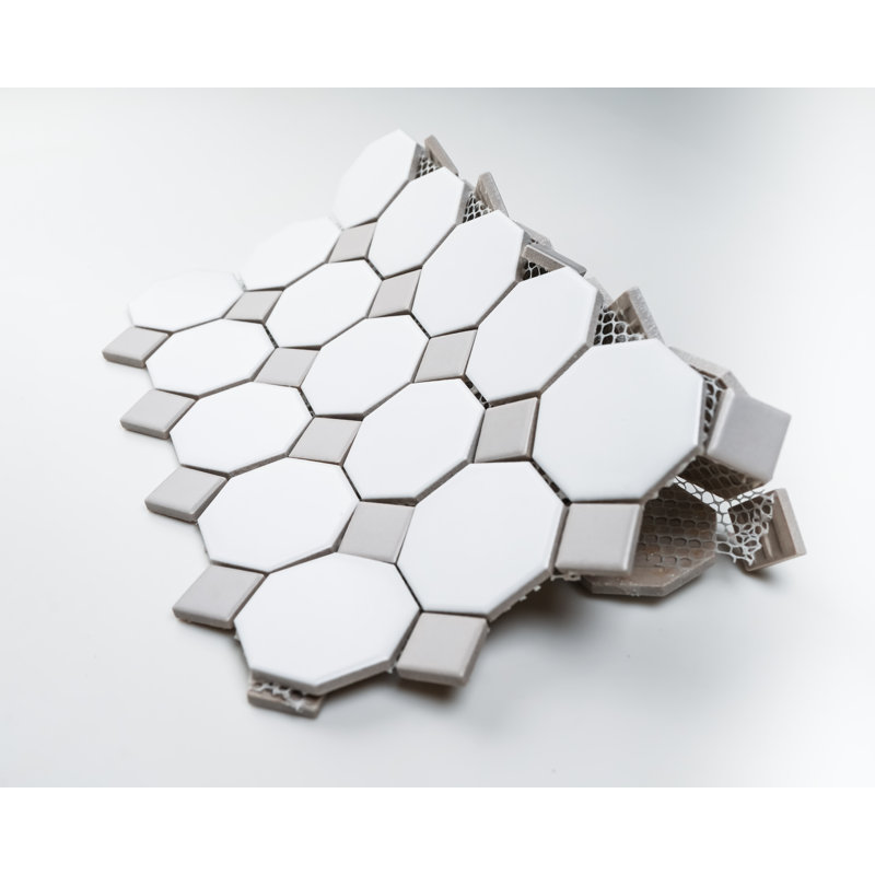 Carrelage mosaïque en porcelaine carrée octogonale 12 x 12 po (boîte de 10 feuilles), Blanc / Gris