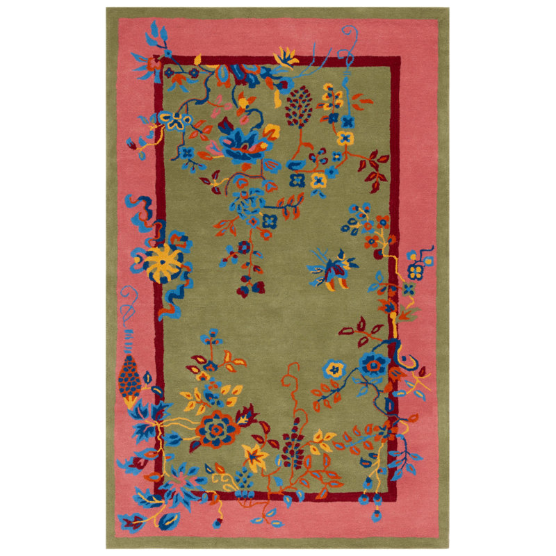 Anticur Hand Tufted Wool/Cotton Floral Rug in Green/Pink, Rectangle 4" x 6"