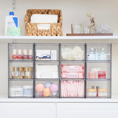 Ensemble de 4 tiroirs de rangement empilables transparents, grand organisateur de maquillage en acrylique de 4,4 po de hauteur, bacs de rangement en plastique pour meuble-lavabo, sous-évier, armoires de cuisine, garde-manger, rangement