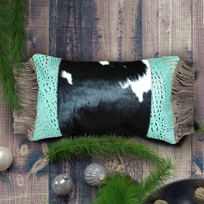 Cowhide & Leather Cushion Cover with Fringe