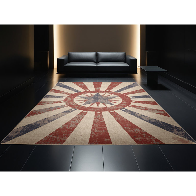 Tapis abstrait moderne et contemporain lavable à la machine Adamek du 4 juillet en beige - reliure beige, 6 x 9