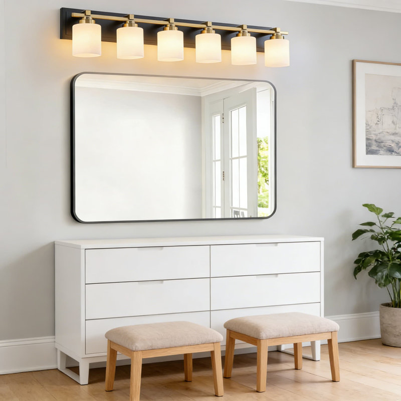 Modern 6-Light Bathroom Vanity Light Fixture For Over Mirror, Black Gold Wall Sconce With Milky White Glass Shades, E26 Socket (Bulbs Not Included)