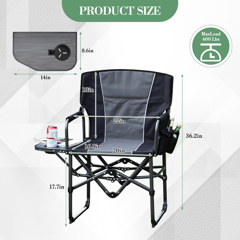 Chaise de camping surdimensionnée portative en aluminium léger avec table d'appoint et poche, Noir