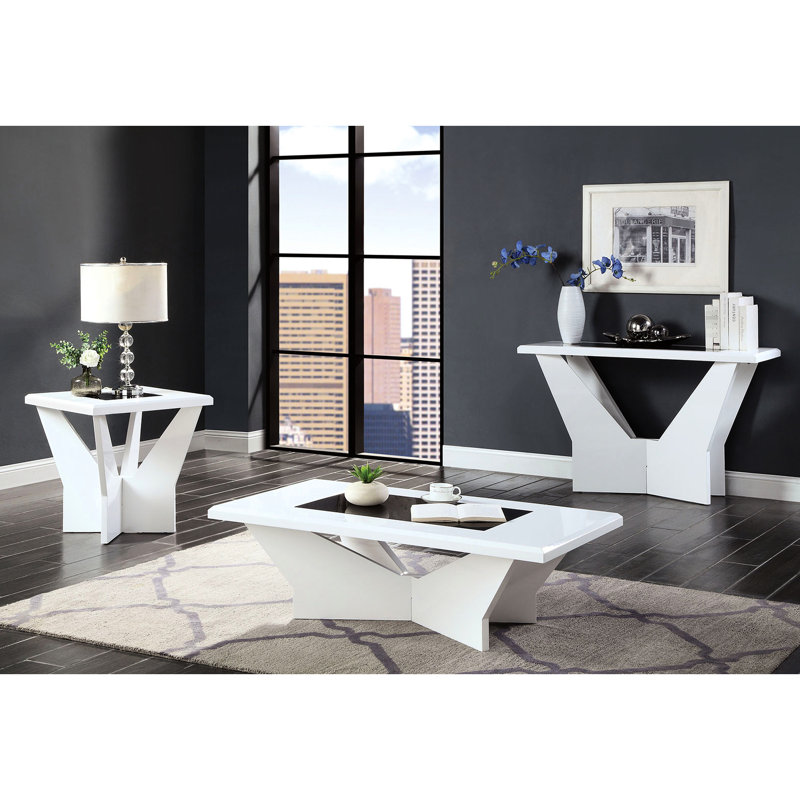 Table basse contemporaine avec verre trempé blanc et base géométrique ultrabrillante, poids de 65 lb, dessus de 23,35 po de profondeur et 47,04
