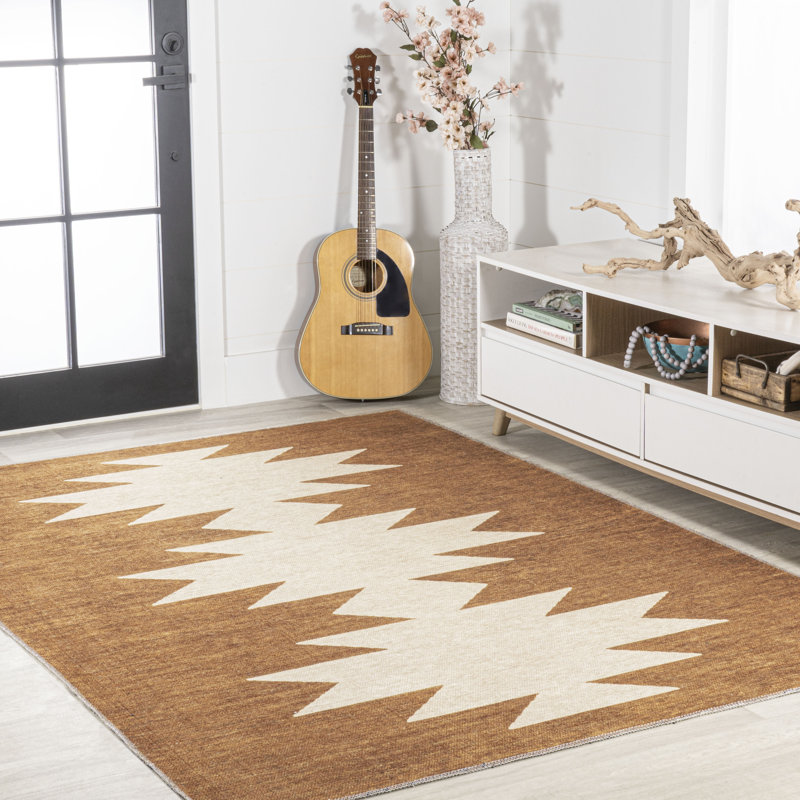 Norwell Minimalist Geometric Machine-Washable Terracotta/Cream Rug, Rectangle 3'11" x 6'