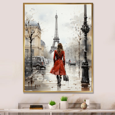 Fashionista In Red Vintage Paris Watercolor - City Paris Framed Canvas Art Print