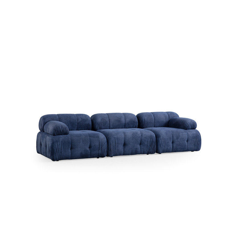 Élégant canapé 3 places bleu nuit, 114,2 po x 37,4 po x 29,5 po | Structure durable en bois de hêtre et en carton, tissu doux 100% polyester | 28 sièges confortables en mousse, pieds en plastique noir | Parfait pour les salons modernes
