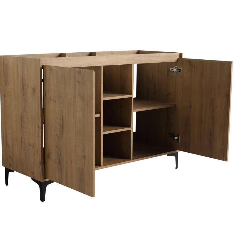 Meuble-lavabo de 48 po autoportant, porte à fermeture en douceur, trois tablettes de rangement ouvertes, base en contreplaqué, portes de style moderne avec 45 poignées à bords inclinés, surfaces, matériau