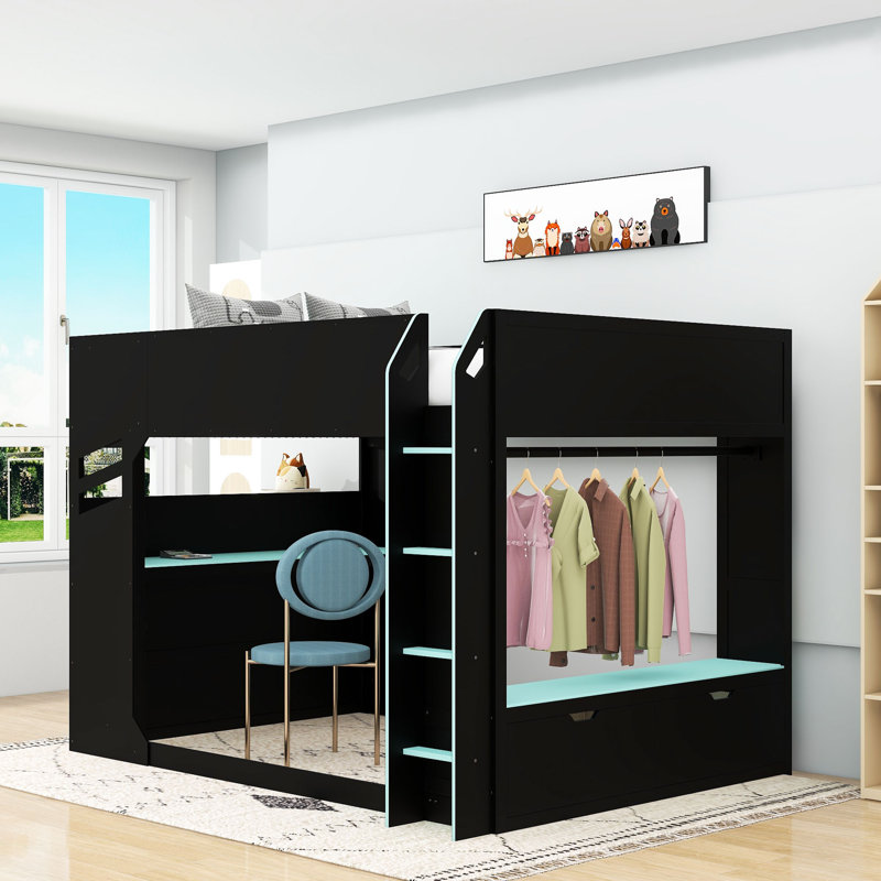 Full Size Loft Bed With Charging Station, Height-Adjustable Desk, RGB Light Strip And Drawers, Blue
