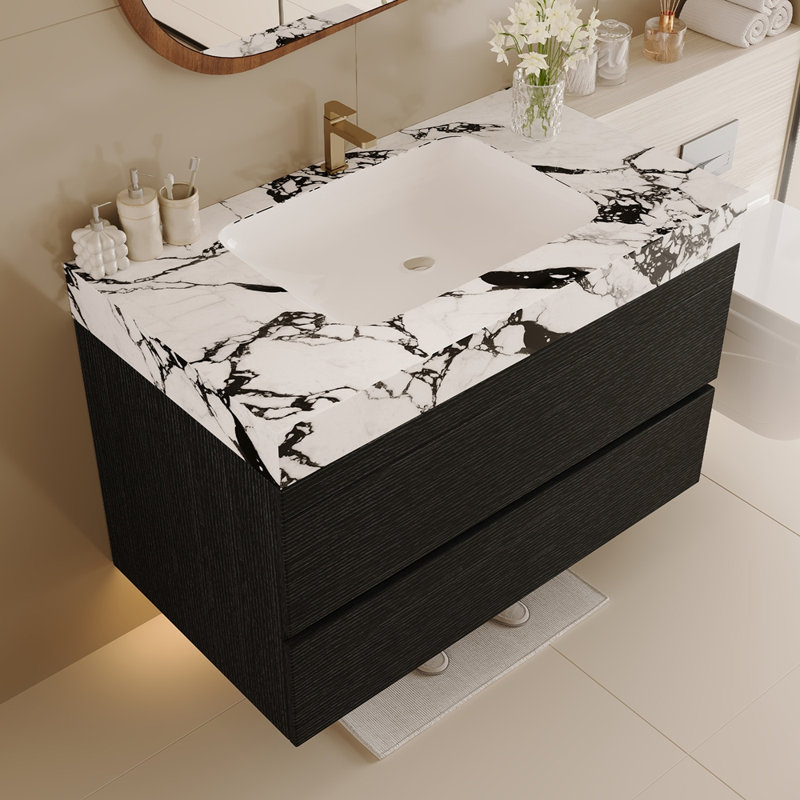 Meuble-lavabo flottant moderne 29,9 po avec comptoir en faux marbre et lavabo encastré en céramique, fixation murale pour petites salles de bain et appartements