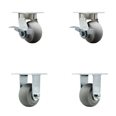 4 Inch Kingpinless Thermoplastic Rubber Wheel Caster Set 2 Brakes 2 Rigid SCC