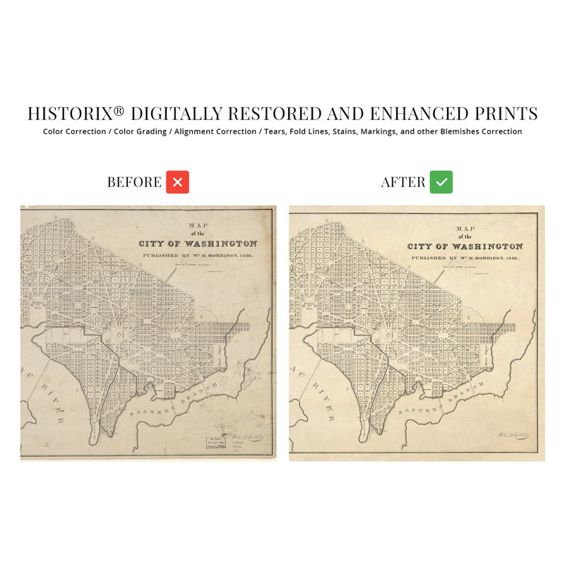 Carte de Washington en 1840 sur papier, H 18 po x l 24 po
