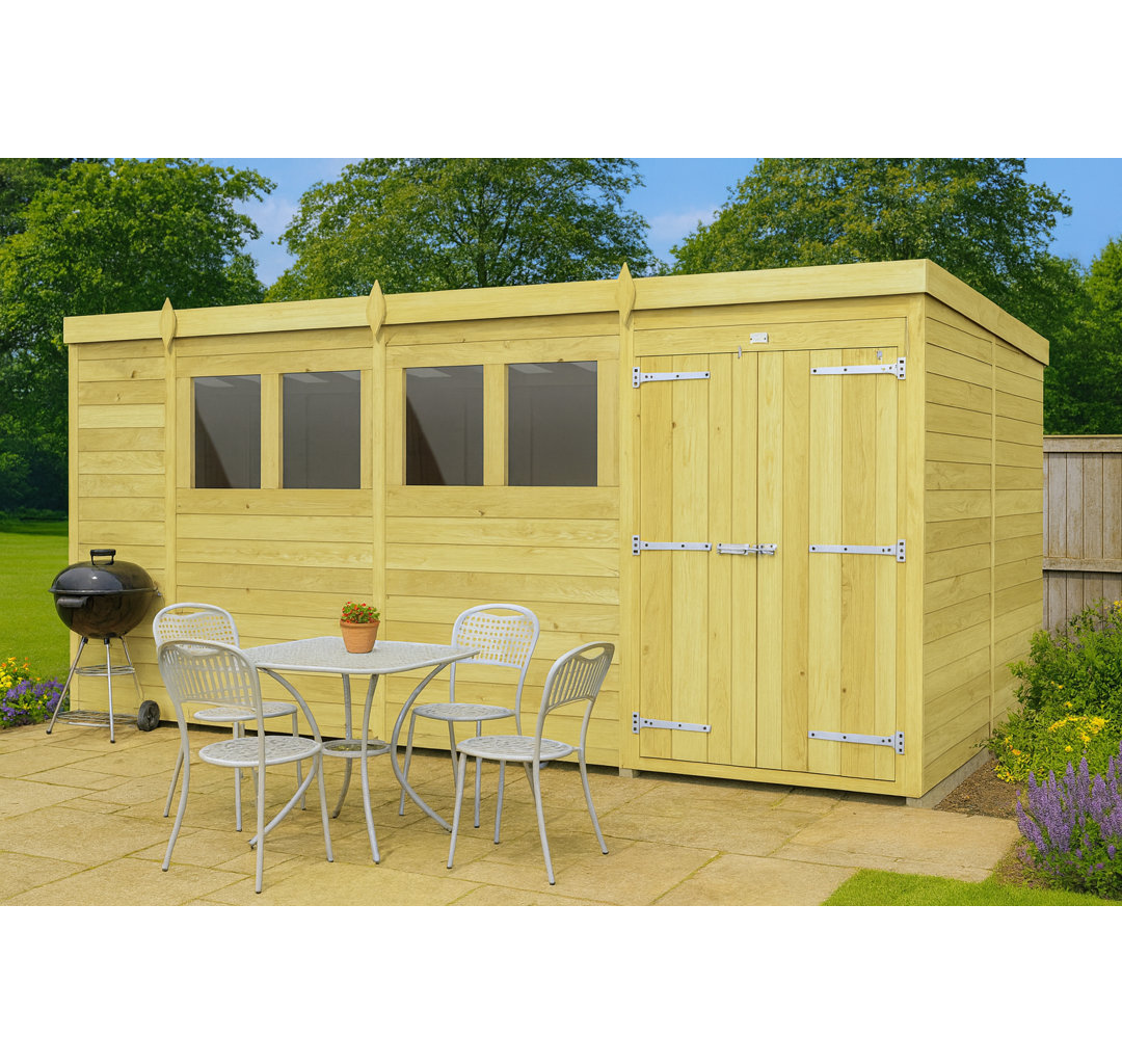 15ft x 8ft Pent Shed - Double Door with Windows