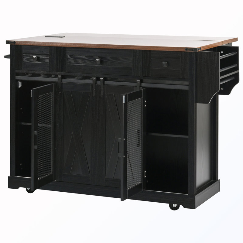 Rolling Storage Kitchen Island with Sliding Barn Door & Spice Rack, Black