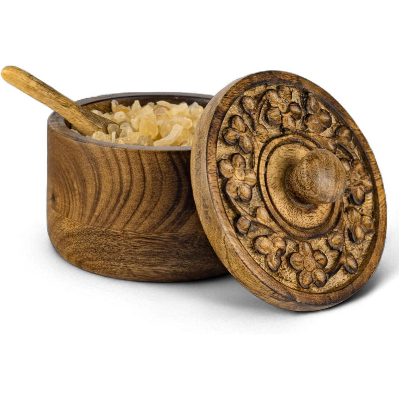 Boîte à sel rustique avec couvercle et cuillère sculptés à la main, bols à sel en bois