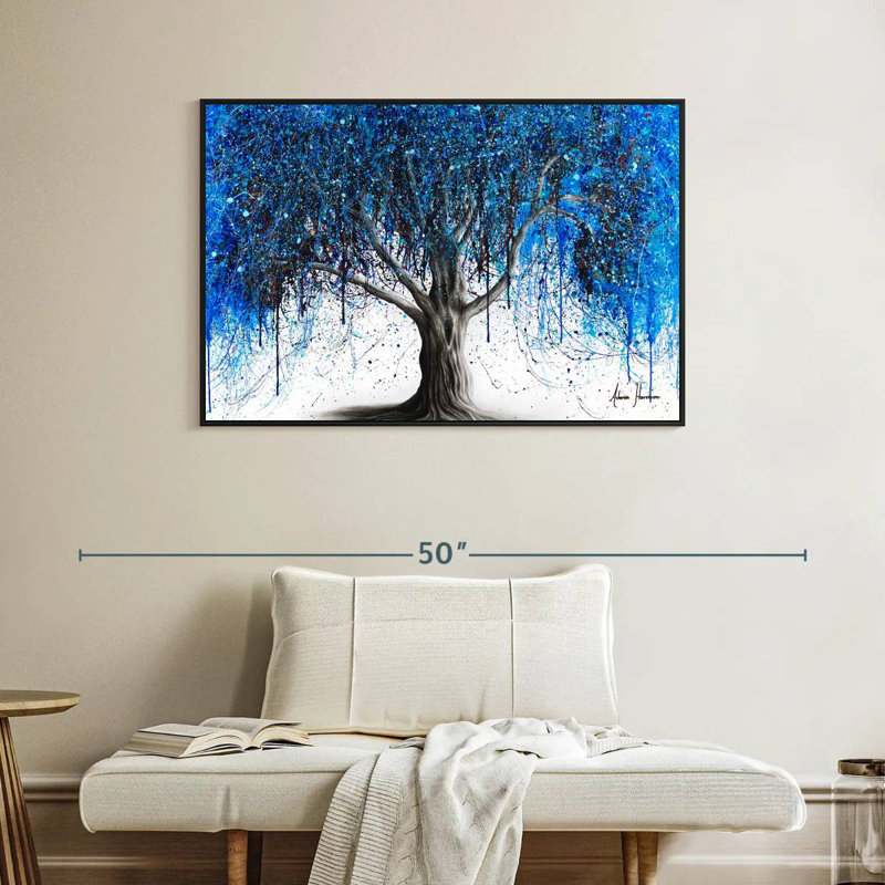 Arbre bleu au clair de lune, Cadre flottant noir, 40 po x 27 po
