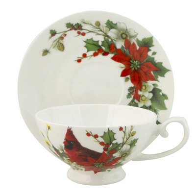 Bone China Winter Cardinal Poinsettia Teacups & Saucers, Set of 2