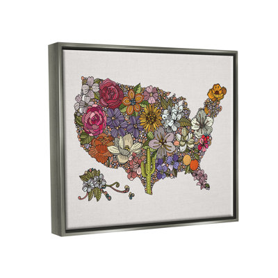 «United States Country Map détaillée Botanical State Flowers» par Valentina Harper - cadre flottant, impression sur toile