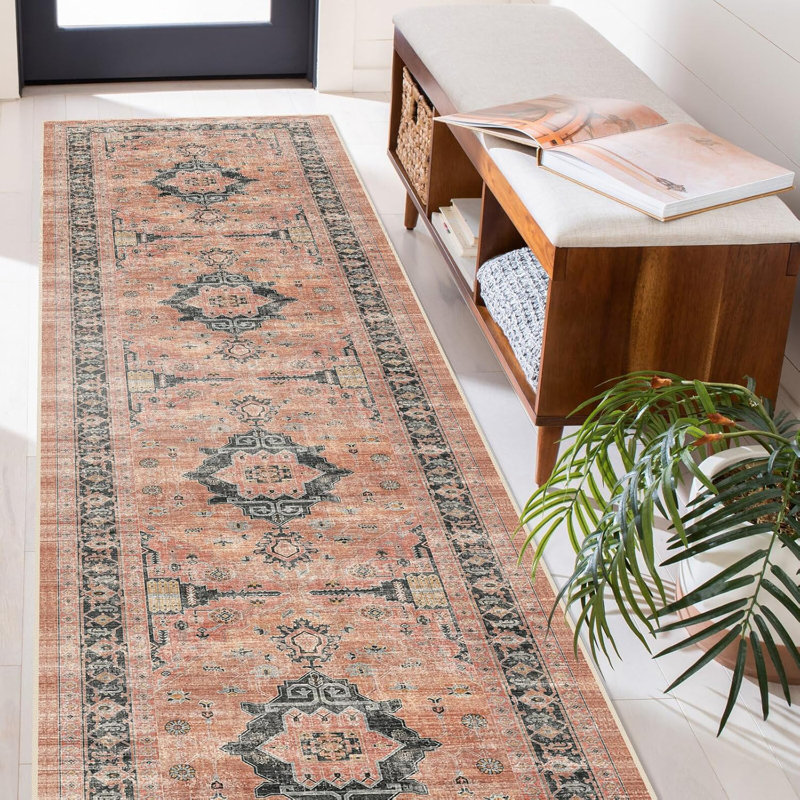 Hallway Washable Rug - Kitchen Rugs Entryway Rug Vintage Soft Floor Mat Non Slip Indoor Farmhouse Carpet for Bathroom Living Room Bedroom (Orange)