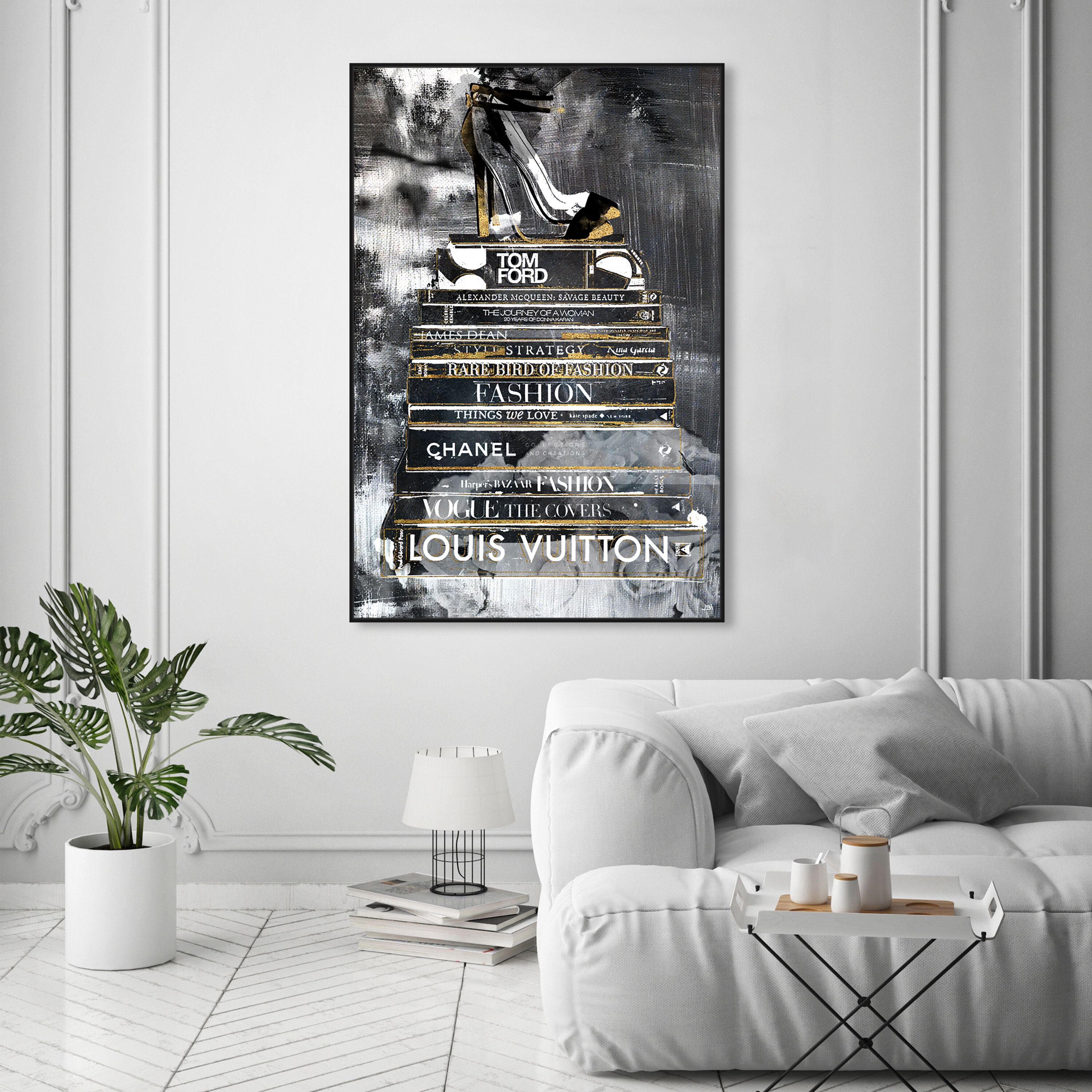 Framed Canvas Art (Champagne) - New Book Stack, Black & White by Amanda Greenwood ( Fashion art) - 26x26 in
