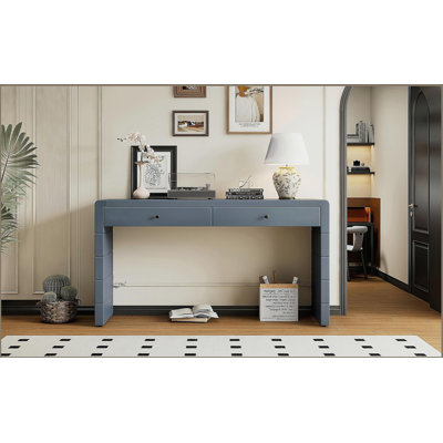 Meuble télé courbé avec rangement, table de vestibule en bois avec 2 tiroirs, meuble télé de style campagnard, convient au vestibule, au couloir, au salon, au bleu marine