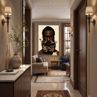 African man with a floral beard Canvas Wall Art Framed Ready to Hang Living Room Bedroom Home Decor