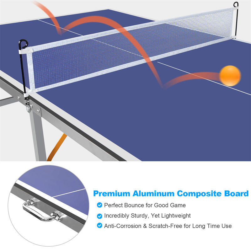 6Ft Mid-Size Table Tennis Table Foldable & Portable Ping Pong Table Set For Indoor & Outdoor Games With Net