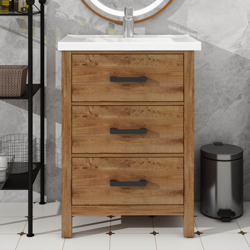 Meuble-lavabo de salle de bain 24 po avec lavabo en céramique 24 po, 3 tiroirs