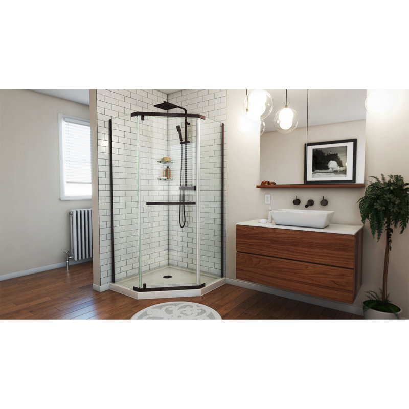 Prism 38" W x 38" D x 74.75" H Frameless Neo-Angle Reversible Shower Kit with Towel Bar and Base Included, Oil Rubbed Bronze