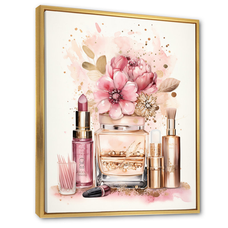 " Pink And Gold Cosmetics Boho Chic Beauty ", Gold Floater Frame, 40" H x 30" W x 1.5" D
