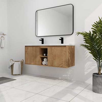 Meuble-lavabo de salle de bain avec deux lavabos à fixation murale 48 po - Porte de fermeture en douceur avec ornement contemporain