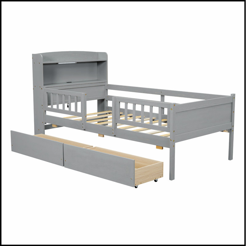 Lit plateforme en bois avec éclairage à DEL intégré, tête de lit multifonctionnelle, garde-corps et 2 tiroirs pour les chambres modernes