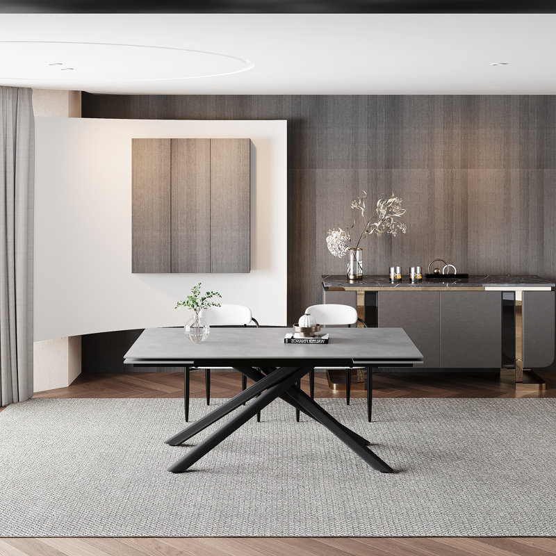 Louina 70.8" to 102.3" Extendable Rectangular Dining Table with Fabric Chairs Dining Set, Gray, White/Black, 11