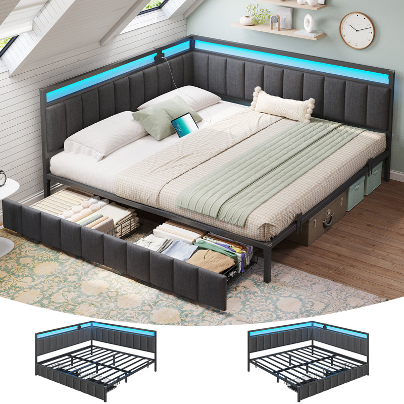 Lit d'angle très grand avec tiroirs de rangement, canapé-lit grand avec garde-corps rembourrés, unité de lit avec lumières à DEL et station de charge, cadre de lit grand moderne, gris