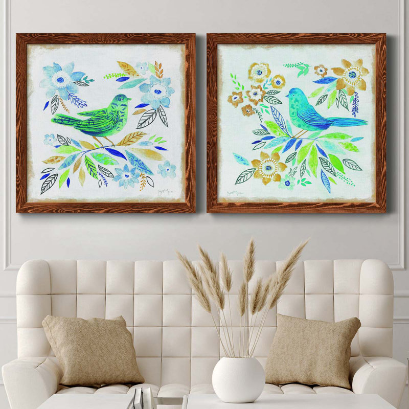 Oiseau Chanteur I - ensemble de 2 peintures sur toile encadrées, H 27,5 po x l 55 po x P 1,5 po, Cadre en érable