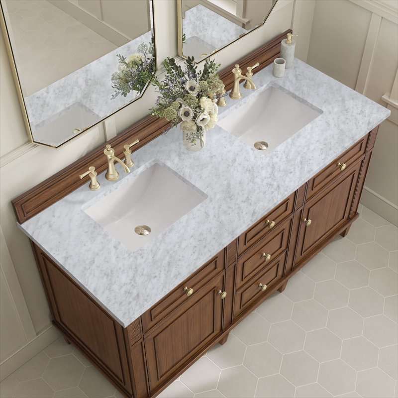 Lorelai 60'' W Double Vanity, Mid-Century Walnut, Carrara White, 8" Widespread