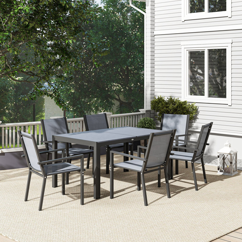 Ensemble repas d'extérieur 7 pièces avec table et 6 chaises empilables, Gris