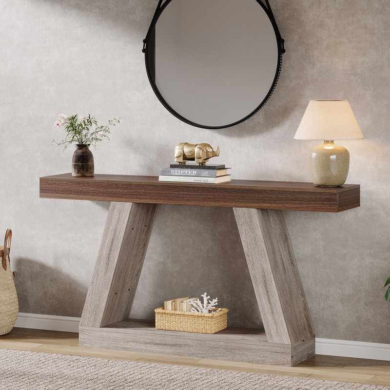 Chasidi Rectangular Pedestal Console Table, Brown/Gray