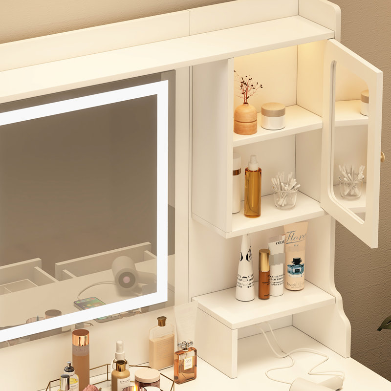 Meuble-lavabo blanc avec grand miroir, 6 tiroirs, 3 lumières chaudes et une tablette, 4 casiers de style américain